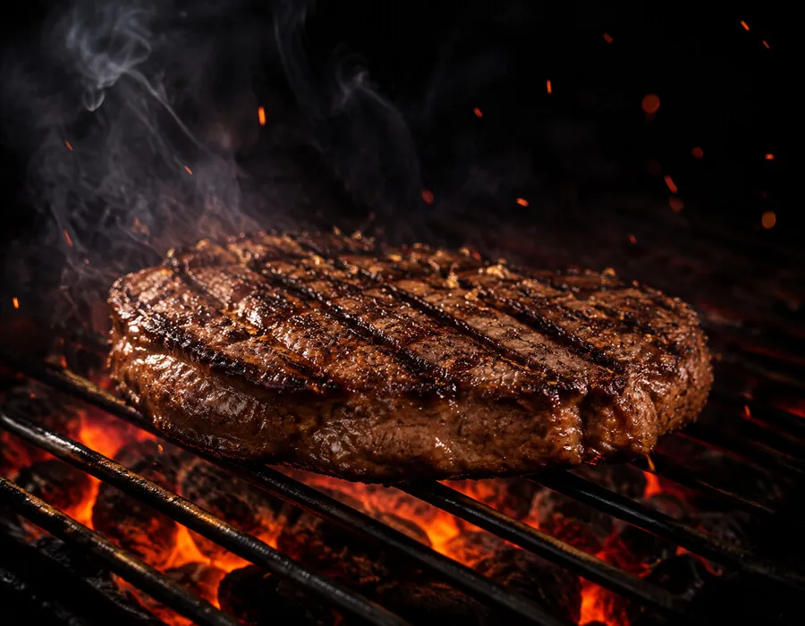 Steak auf dem Grillrost über roter Glut