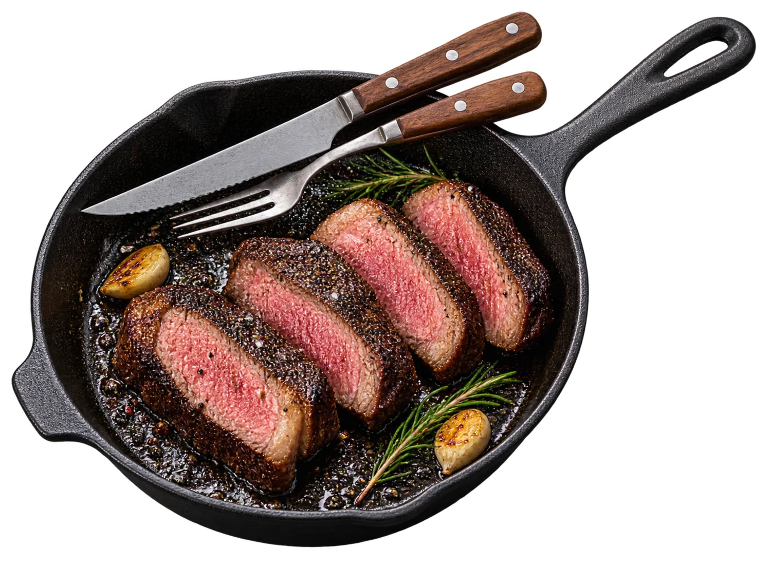 Gusseisenpfanne mit aufgeschnittenem Steak