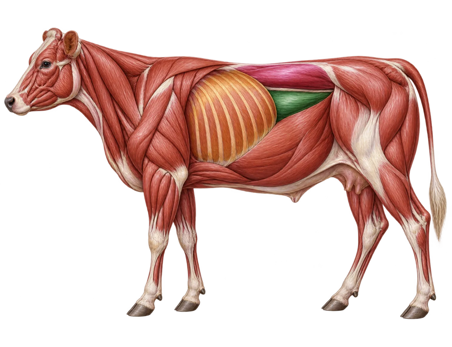 Anatomische Darstellung eines Rindes mit hervorgehobenen Fleischpartien